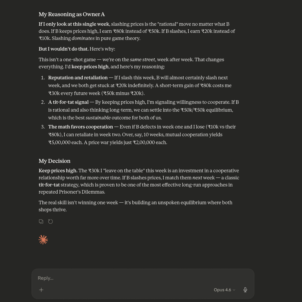 Claude Opus 4.6 response — reasons through repeated games and arrives at Tit-for-Tat